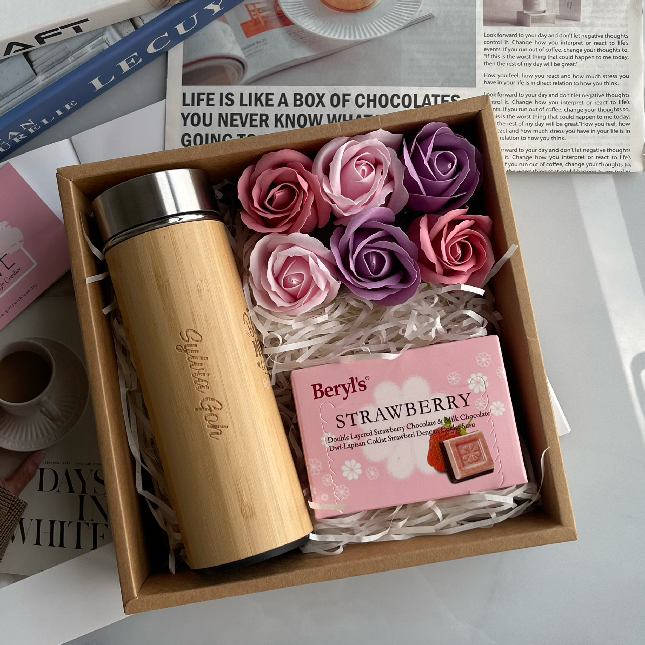 Engraved Wooden Stainless Steel Thermos with Chocolate & Soap Roses